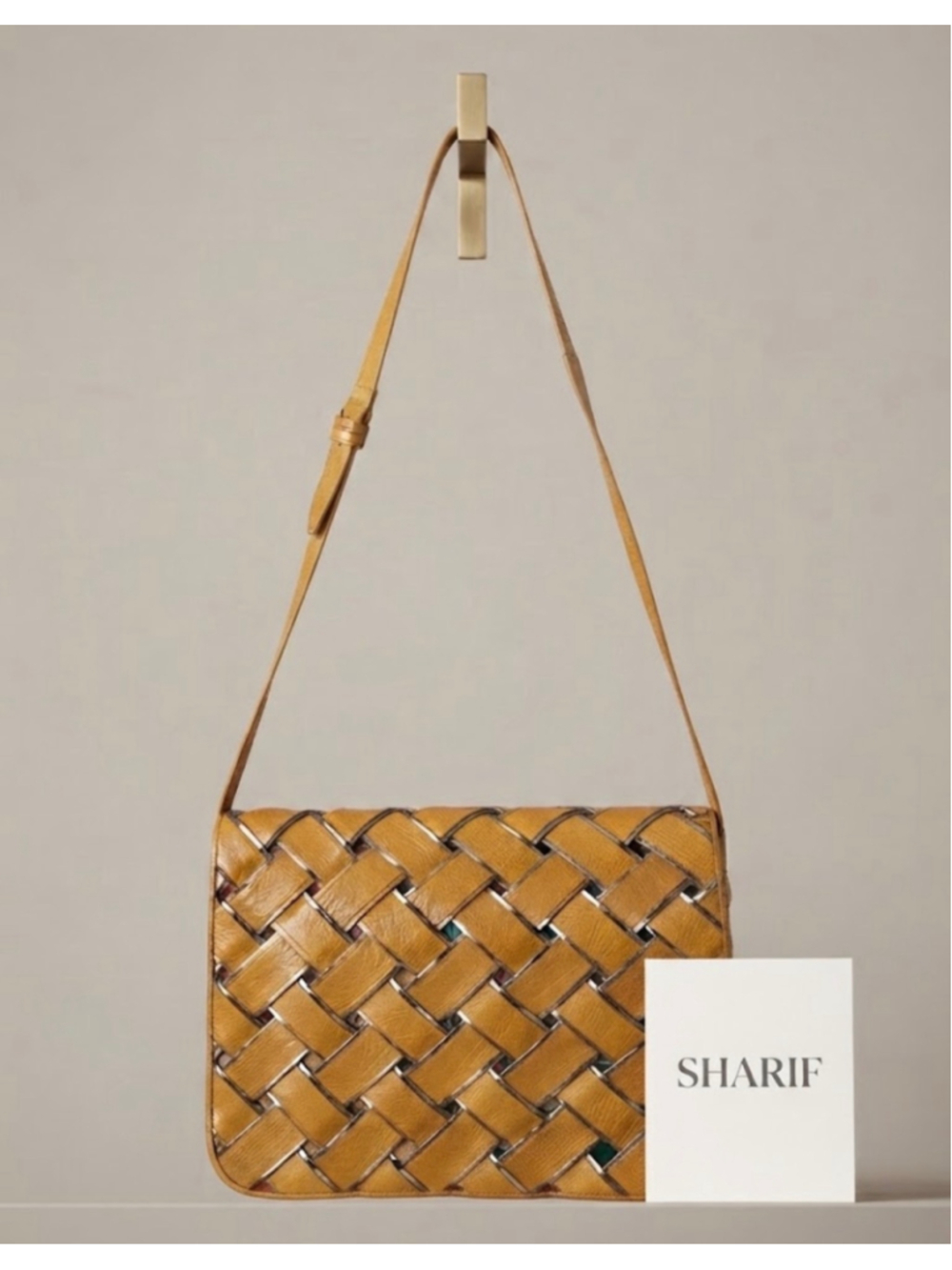 Sharif Woven Leather Shoulder Bag, Tan and Gold